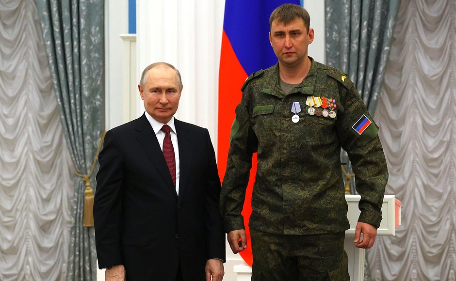 Ceremony for presenting state decorations. The Medal For Valour is awarded to Alexander Yevstifeyev, member of the Sparta Battalion, Zaporozhye Region.