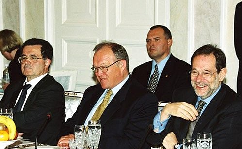 From left to right, Romano Prodi, President of the European Commission, Goran Persson, the Swedish Prime Minister and President-in-Office of the Council of Europe, and Javier Solana, Secretary General of the Council of the European Union and High Representative for the Common Foreign and Security Policy, at a lunch on President Vladimir Putin\'s behalf during the Russia-EU summit.