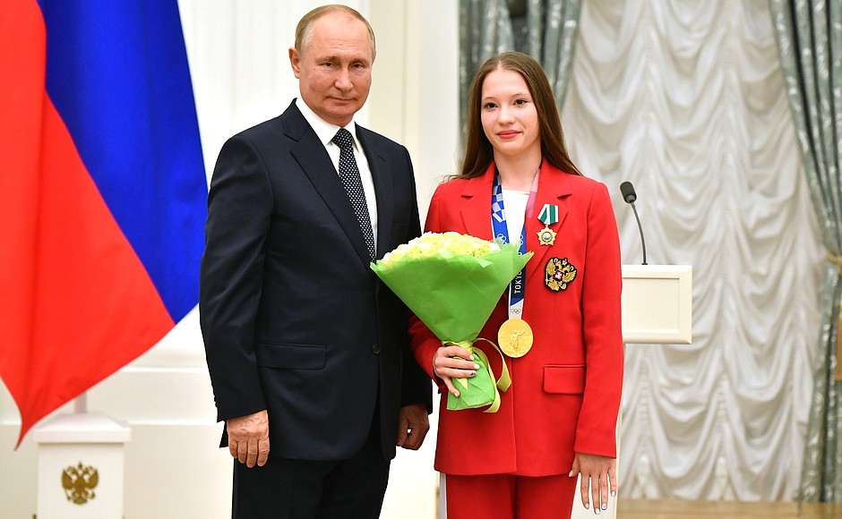 Ceremony for presenting state decorations to winners of the 2020 Summer Olympics in Tokyo. The Order of Friendship is awarded to 2020 Olympics champion in artistic gymnastics team event Vladislava Urazova.