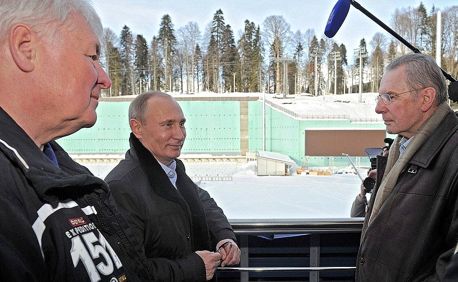 Tour of the mountain cluster facilities for 2014 Winter Olympics in Sochi. With International Olympic Committee President (IOC) Jacques Rogge (right).
