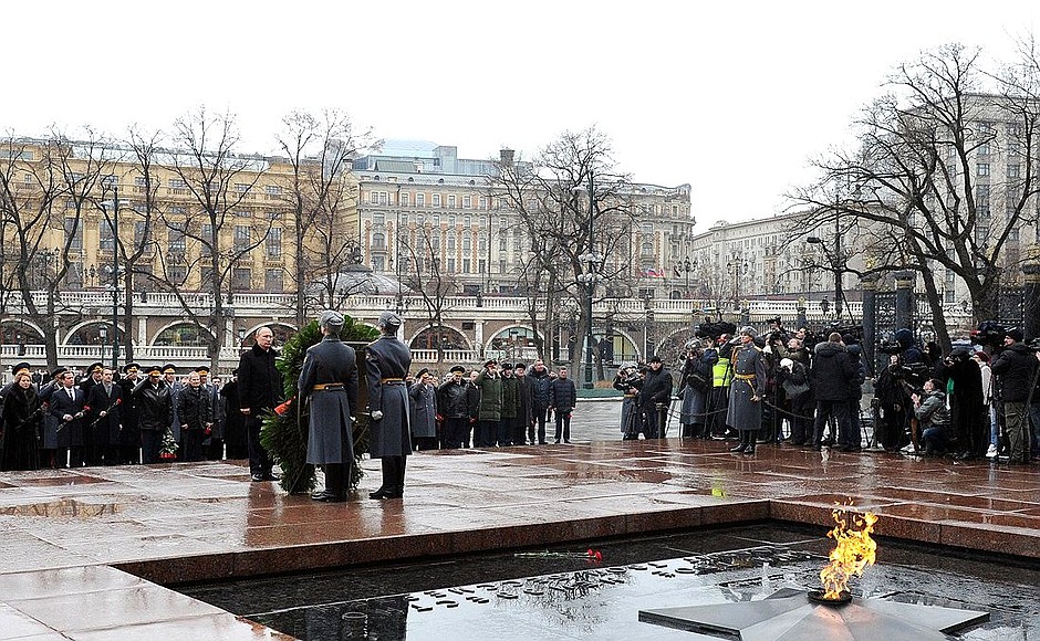Wreath-laying ceremony at the Tomb of the Unknown Soldier by the Kremlin wall.