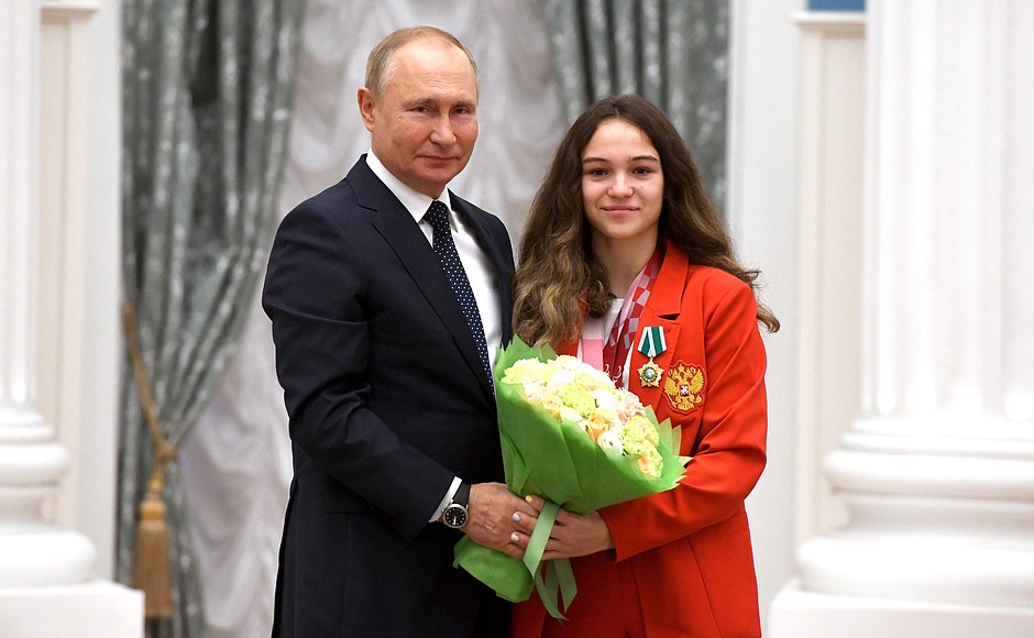 Presenting state decorations to winners of the 2020 Summer Paralympic Games in Tokyo. Viktoria Ishchiulova, swimming champion and two-time silver medallist of the Paralympics, receives the Order of Friendship.