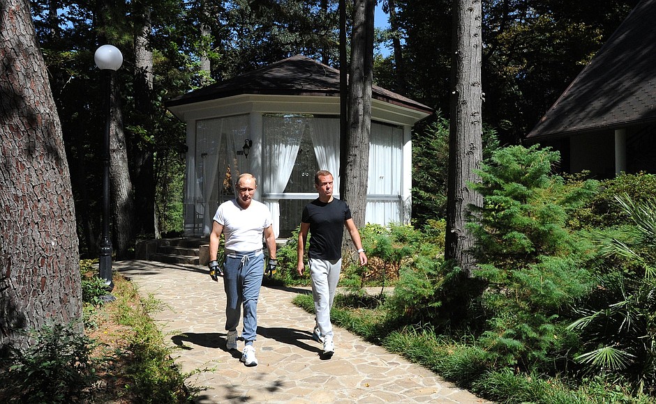 With Prime Minister Dmitry Medvedev at the Bocharov Ruchei residence.
