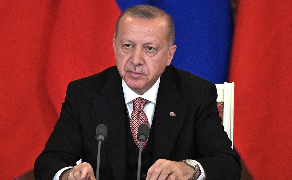 President of Turkey Recep Tayyip Erdogan at a news conference following Russian-Turkish talks.
