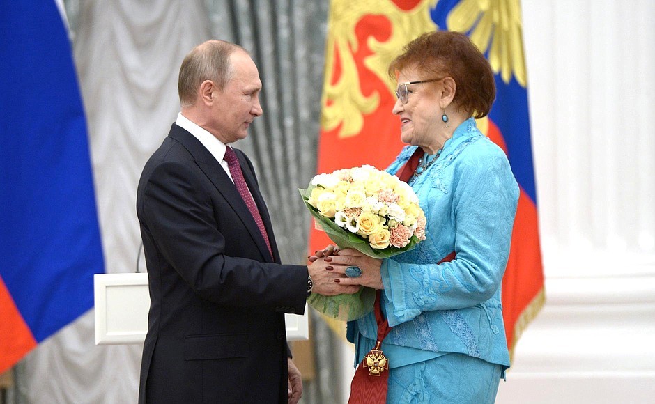 Presentation of state decorations. Presenting Russian Federation state awards. Order for Services to the Fatherland, First Degree, was presented to Lyudmila Verbitskaya, the President of the Russian Academy of Education.