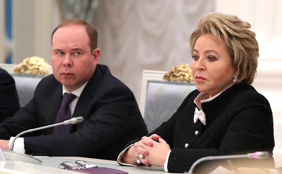 Chief of Staff of the Presidential Executive Office Anton Vaino and Federation Council Speaker Valentina Matviyenko at the meeting with leadership of the Federal Assembly.