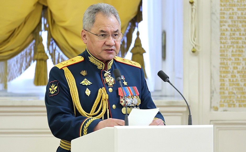During a meeting with graduates of higher military schools. Defence Minister Sergei Shoigu.