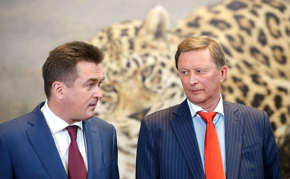 After a meeting on implementing presidential instructions on protecting the Amur tiger and Amur leopard. With Primorye Territory Governor Vladimir Miklushevsky.
