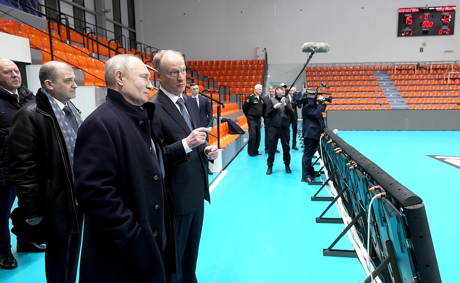 During a tour of the athletic facilities at the St Petersburg State Marine University. With Chair of the Supervisory Board of the Russian Volleyball Federation Nikolai Patrushev.