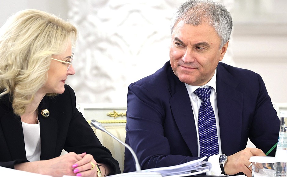 Deputy Prime Minister Tatyana Golikova and Speaker of the State Duma Vyacheslav Volodin at the State Council meeting on increasing the role and prestige of teachers and mentors.