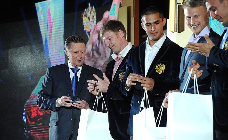 Chief of Staff of the Presidential Executive Office Sergei Ivanov participated in the Russian Olympic Athletes Ball 2014 celebratory event, where he presented commemorative gold rings with the symbol of the Russian Olympic Committee to Olympic medallists.