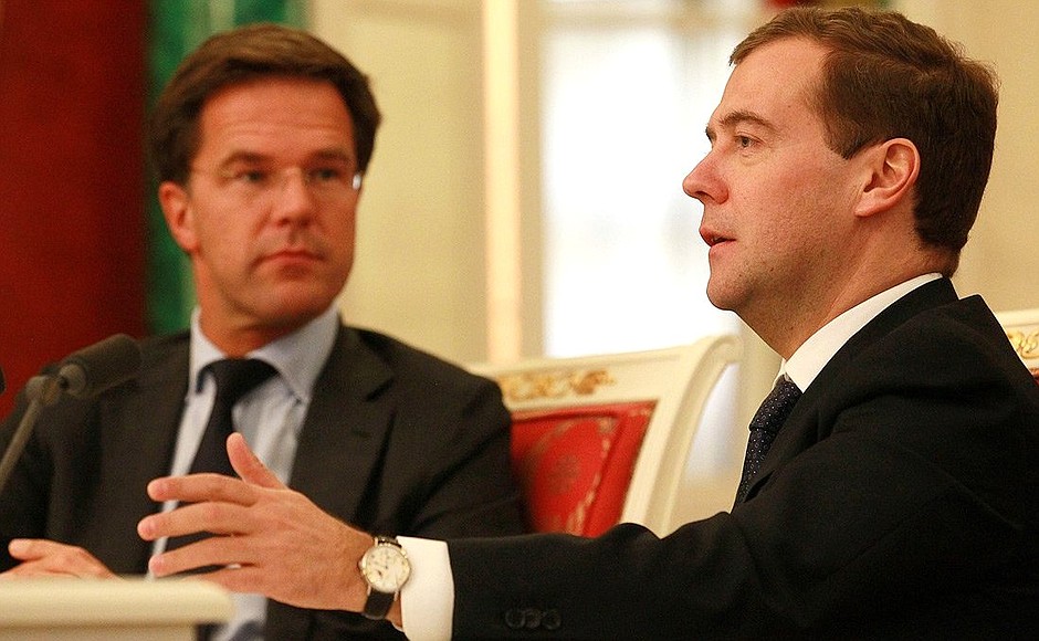 News conference following Russian-Dutch talks. With Prime Minister of the Netherlands Mark Rutte.