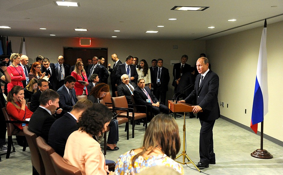 Vladimir Putin answered questions from Russian journalists following his participation in the 70th session of the United Nations General Assembly.