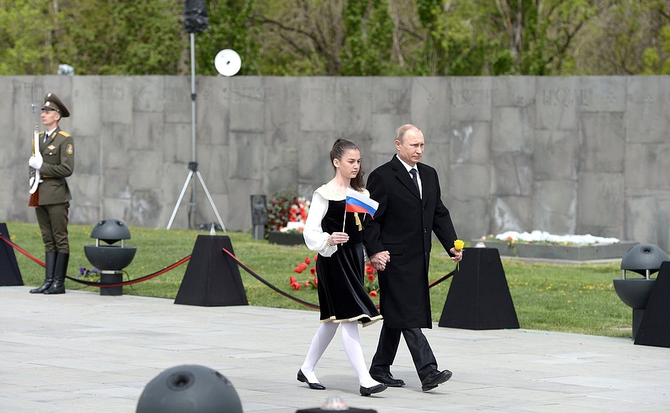 During a memorial ceremony for victims of the Armenian genocide at the Tsitsernakaberd Memorial Complex.