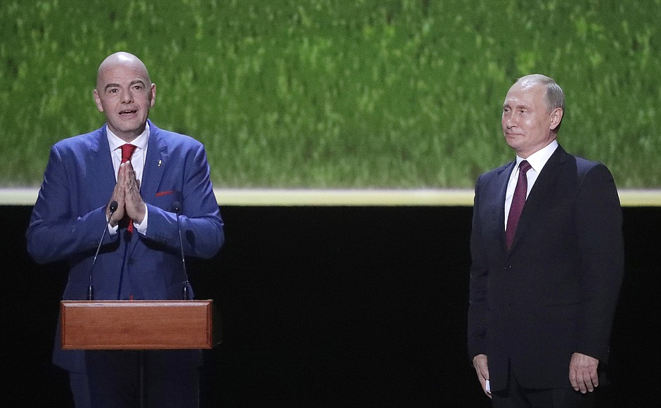 Vladimir Putin visited the Bolshoi Theatre to attend a gala concert starring world opera stars ahead of the 2018 FIFA World Cup final. With FIFA President Gianni Infantino.