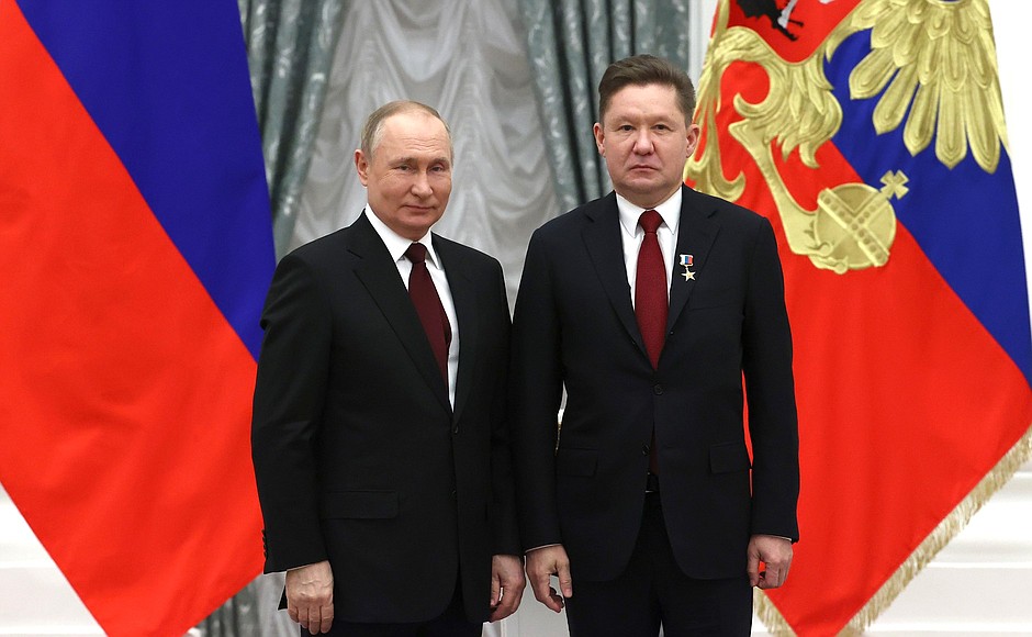 Presentation of state decorations in the Kremlin. Alexei Miller, Chairman of the Management Committee, Deputy Chairman of the Board of Directors of Gazprom, receives the title of Hero of Labour of the Russian Federation.
