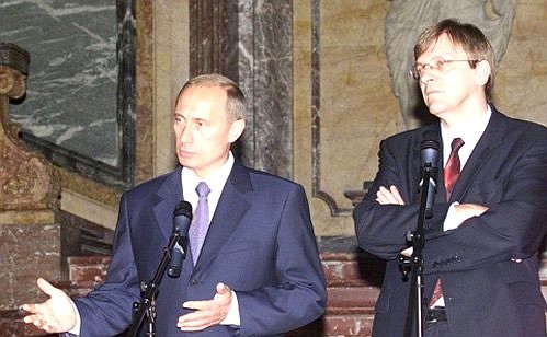 A news conference with Belgian Prime Minister Guy Verhofstadt at the end of Russian-Belgian negotiations.