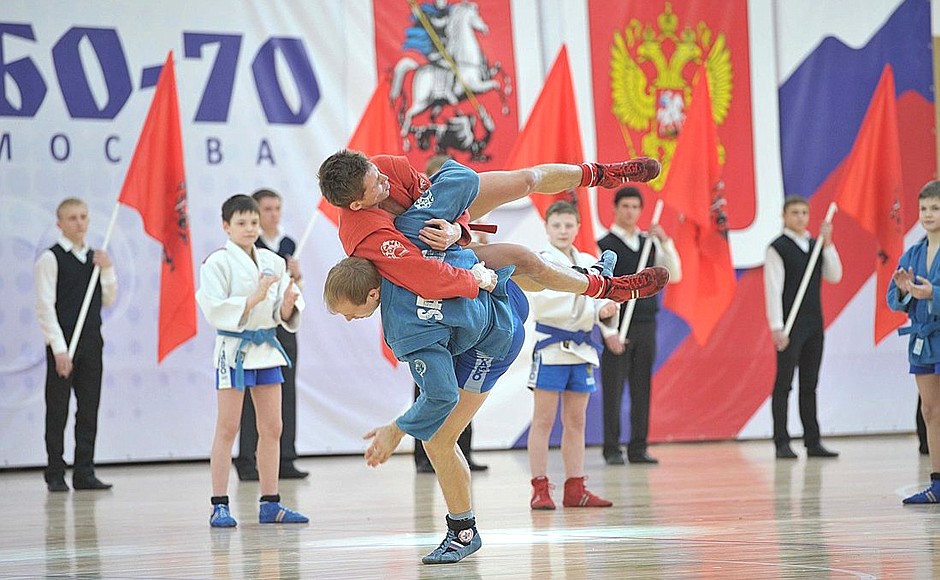 Demonstration performances by students at the Sambo-70 centre of sports education.