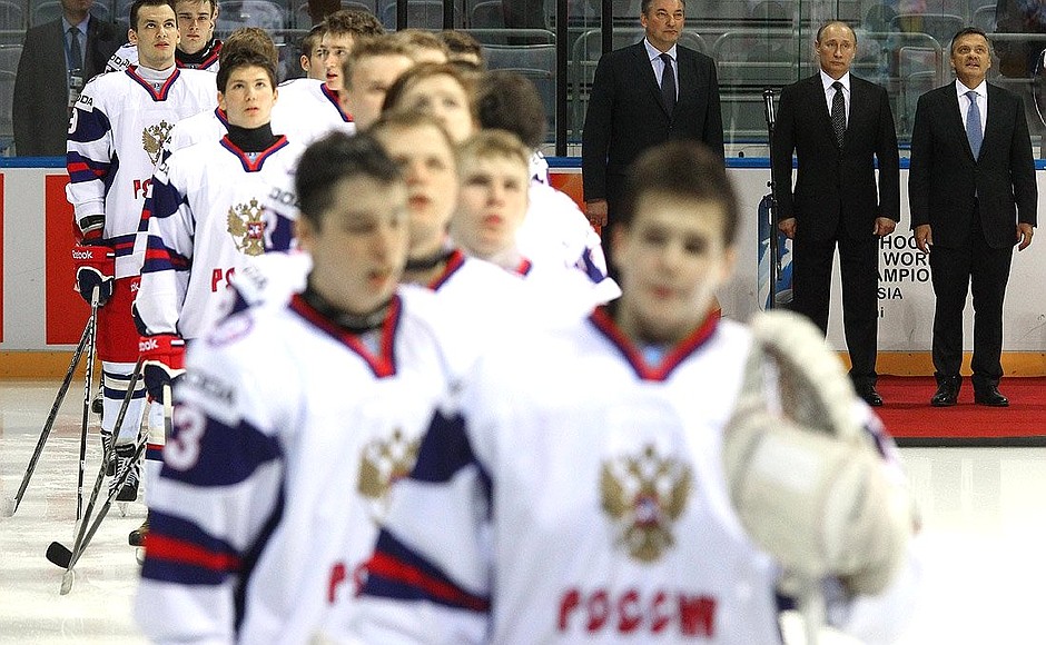 At opening ceremony of the World Ice Hockey U18 Championship.