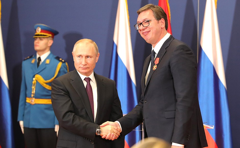 Vladimir Putin presented Alexandar Vucic with a state decoration of the Russian Federation – the Order of Alexander Nevsky – for his major personal contribution to the advancement of multilateral cooperation with Russia.