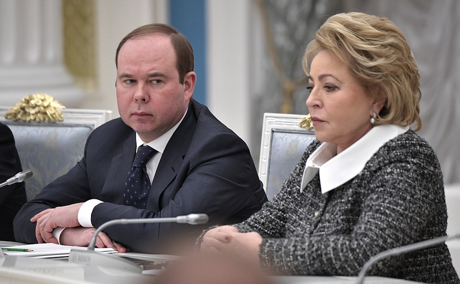Chief of Staff of the Presidential Executive Office Anton Vaino and Federation Council Speaker Valentina Matviyenko before the meeting with Federation Council and State Duma leaders.