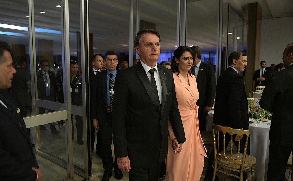 President of Brazil Jair Bolsonaro with his spouse before a dinner given in honour of the leaders of Russia, India, China and South Africa.