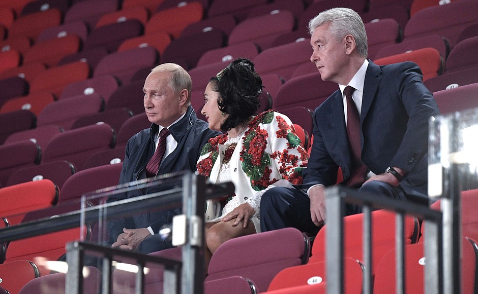 During a visit to Rhythmic Gymnastics Palace at Luzhniki Olympic Complex. With Moscow Mayor Sergei Sobyanin and president of the Russian Rhythmic Gymnastics Federation, head coach of Russia’s national team Irina Viner-Usmanova.