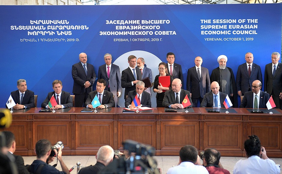 At the signing ceremony for the Free Trade Agreement between the Eurasian Economic Union (EAEU) and its member states and the Republic of Singapore, and a Framework Agreement on comprehensive economic cooperation between the EAEU and its members and the Republic of Singapore.
