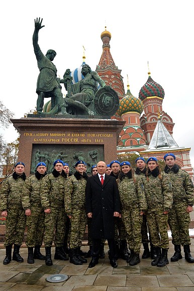 After laying flowers at the monument to Minin and Pozharsky on Red Square.