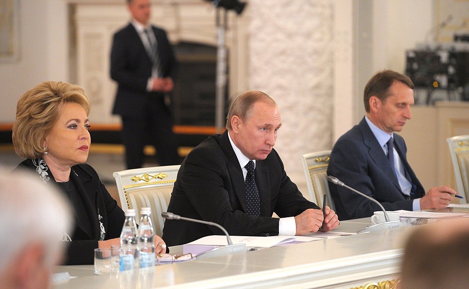 State Council meeting on construction sector and urban planning development. With Federation Council Speaker Valentina Matviyenko (left) and State Duma Speaker Sergei Naryshkin (right).