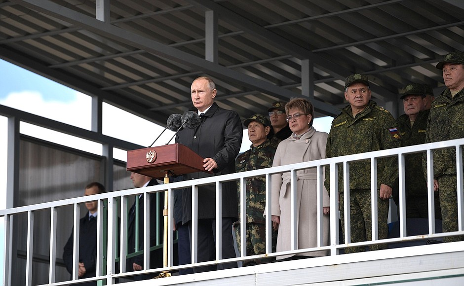 Vladimir Putin spoke at a review of troops, held after Vostok 2018 military manoeuvres.