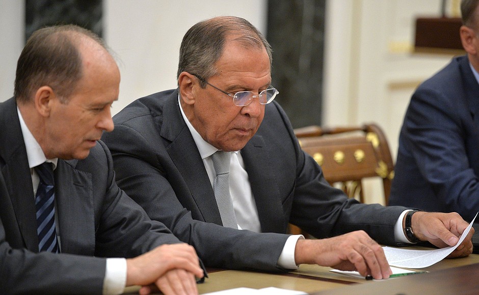 Director of the Federal Security Service Alexander Bortnikov and Foreign Minister Sergei Lavrov at a meeting with permanent members of the Security Council.