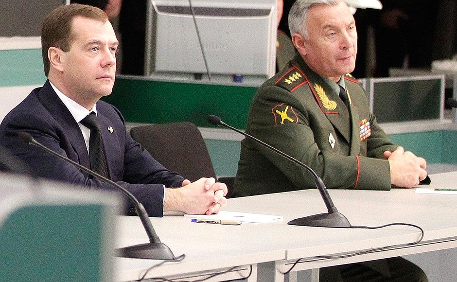 Visit to the Military Intelligence Directorate (GRU) of the Russian Armed Forces General Staff. Chief of the General Staff Nikolai Makarov (right).