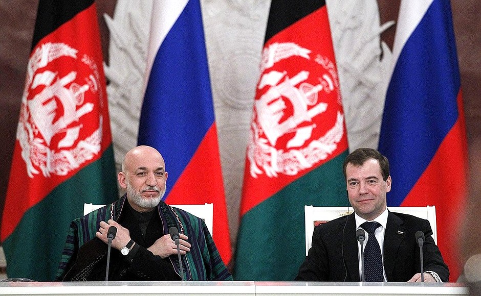 With President of Afghanistan Hamid Karzai during news conference following Russian-Afghan talks.