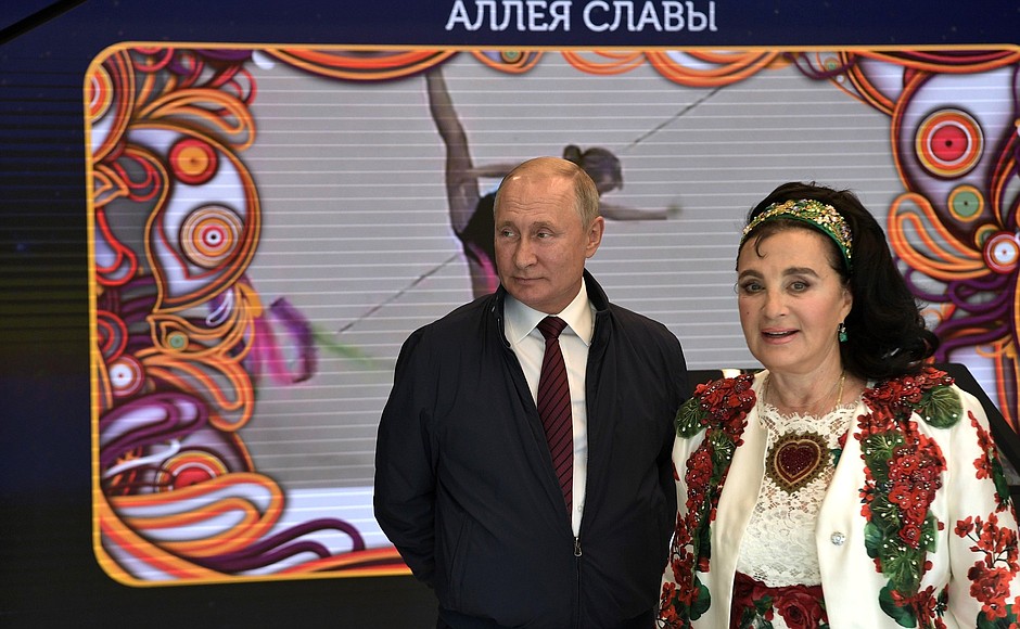 During a visit to Rhythmic Gymnastics Palace at Luzhniki Olympic Complex. With president of the Russian Rhythmic Gymnastics Federation, head coach of Russia’s national team Irina Viner-Usmanova.