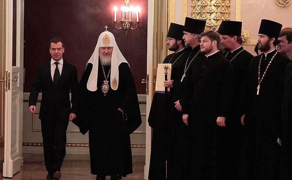 With Patriarch Kirill of Moscow and All Russia before the beginning of state decoration ceremony.