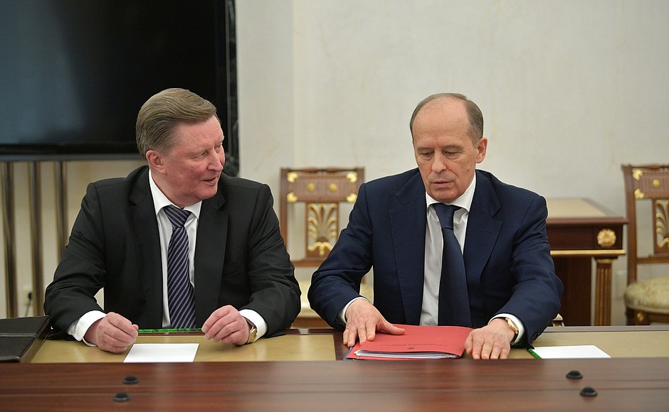 Special Presidential Representative for Environmental Protection, Ecology and Transport Sergei Ivanov (left) and Federal Security Service Director Alexander Bortnikov before a meeting with permanent members of the Security Council.