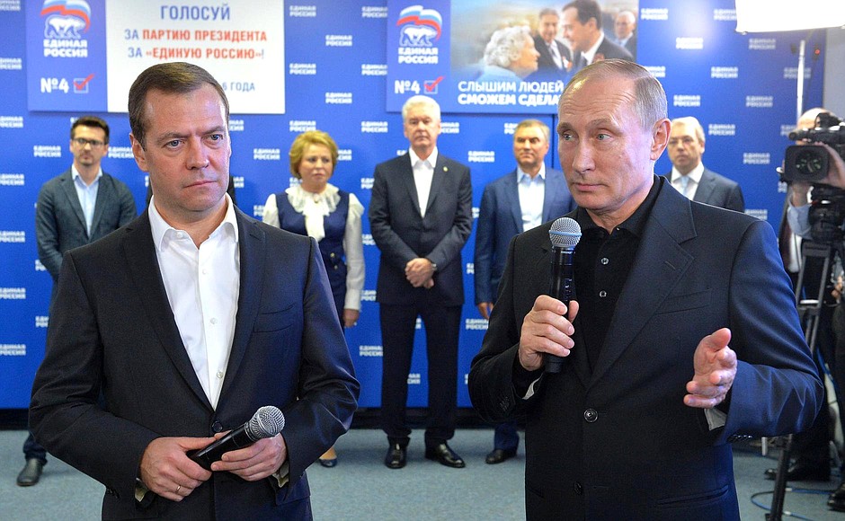 With Prime Minister Dmitry Medvedev during a visit to the United Russia party’s campaign headquarters.