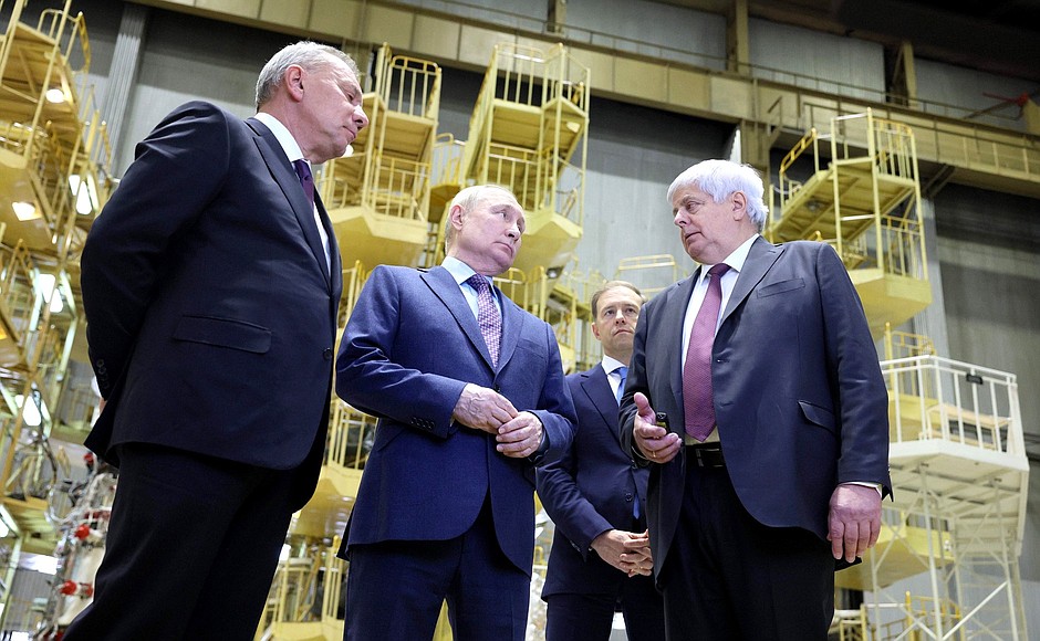 Visiting the Energia Rocket and Space Corporation. With General Director of Roscosmos Yury Borisov (left), Deputy Prime Minister – Minister of Industry and Trade Denis Manturov, and Energia's chief designer Vladimir Solovyov.