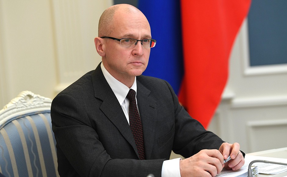 First Deputy Chief of Staff of the Presidential Executive Office Sergei Kiriyenko at the Kremlin Situation Centre during a meeting with regional heads on countering the spread of the coronavirus in Russia, held via videoconference.