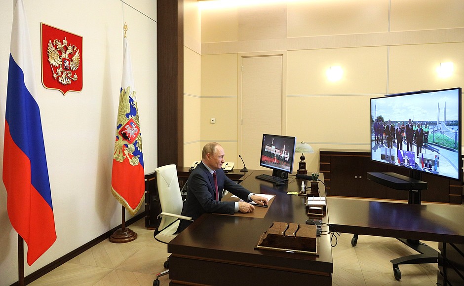 Vladimir Putin took part, via videoconference, in the opening of a new bridge across the Sheksna River in Cherepovets.