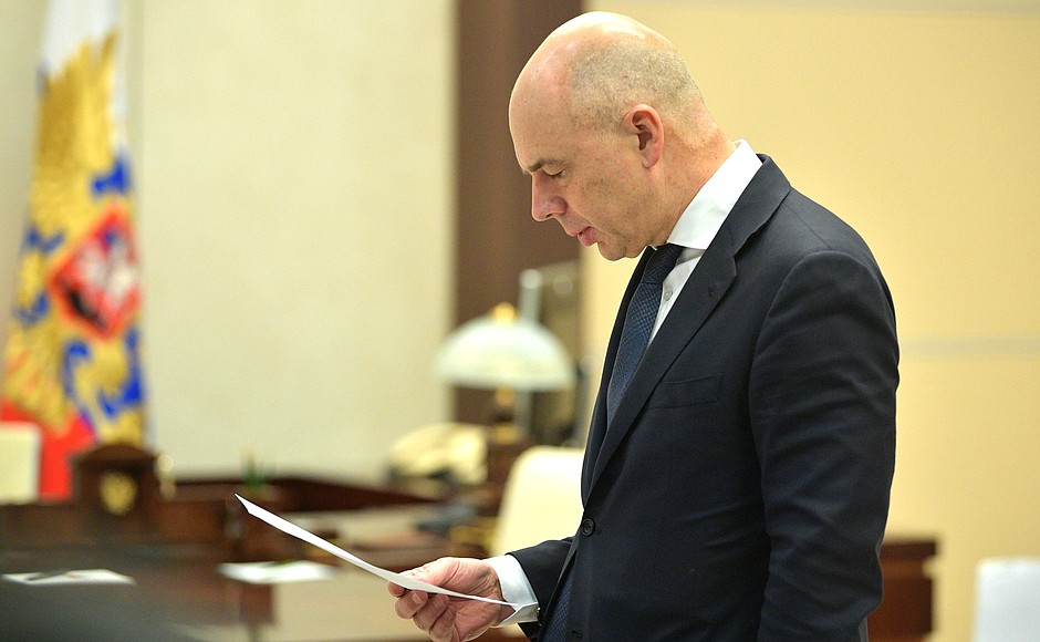 First Deputy Prime Minister – Minister of Finance Anton Siluanov before the meeting on economic issues.