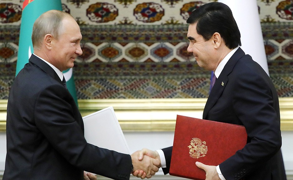 Following talks, Vladimir Putin and Gurbanguly Berdimuhamedov signed a Joint Statement of the President of the Russian Federation and the President of Turkmenistan and the Strategic Partnership Treaty between the Russian Federation and Turkmenistan.