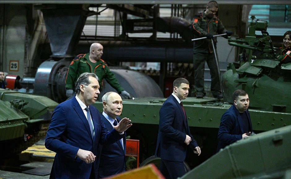 During a visit to the Uralvagonzavod Research and Production Corporation. The tour was led by Uralvagonzavod Director General Alexander Potapov.