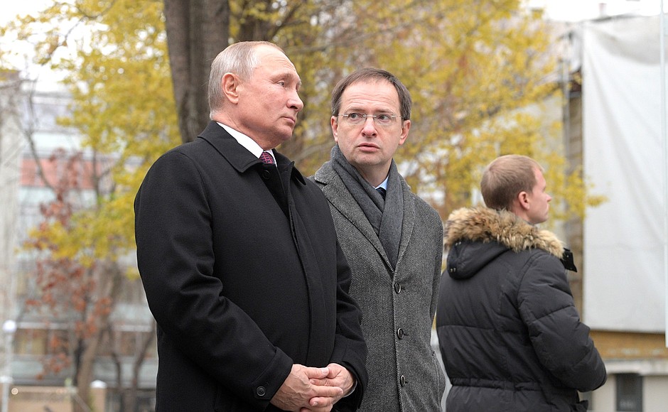 With Culture Minister Vladimir Medinsky at the unveiling ceremony for the monument to writer Ivan Turgenev.