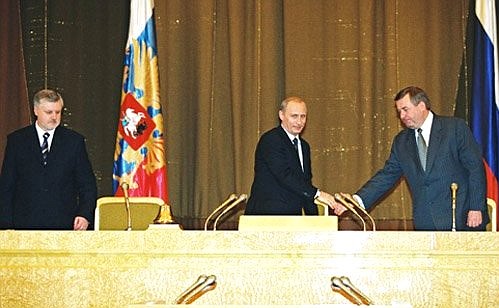 President Putin with State Duma Speaker Gennady Seleznyov, right, and the Speaker of the Federation Council, Sergei Mironov before delivering annual address to the Federal Assembly, Russia\'s Parliament.