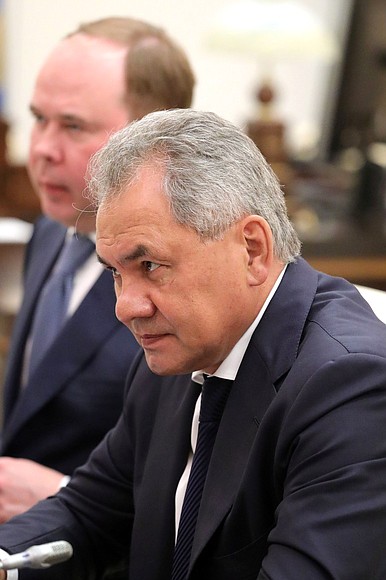 Chief of Staff of the Presidential Executive Office Anton Vaino, left, and Defence Minister Sergei Shoigu before a meeting with permanent members of Security Council.