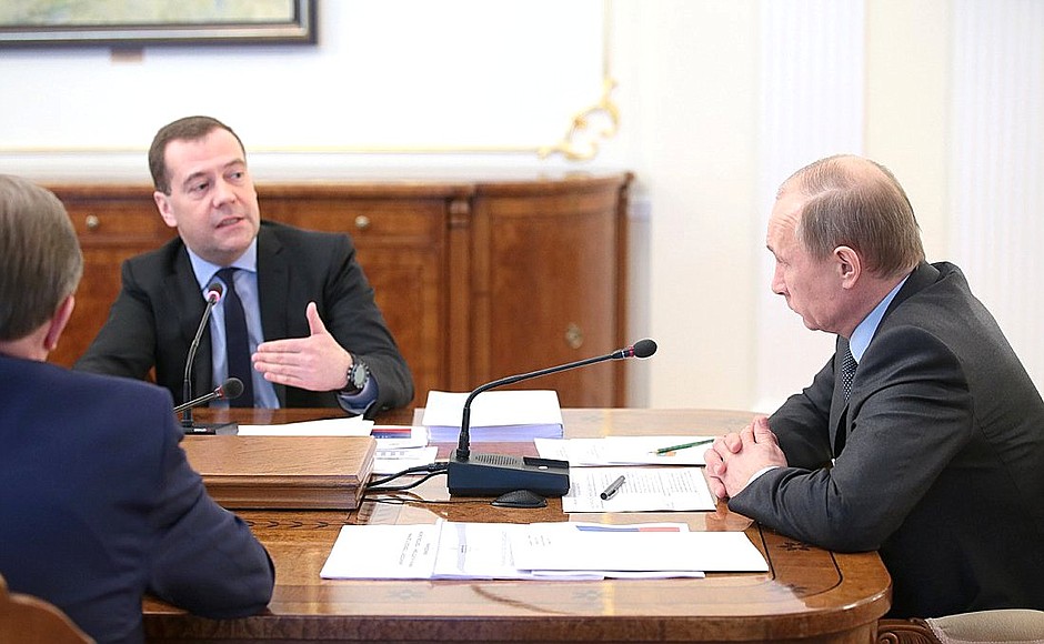 At a meeting with Government members. Prime Minister Dmitry Medvedev.