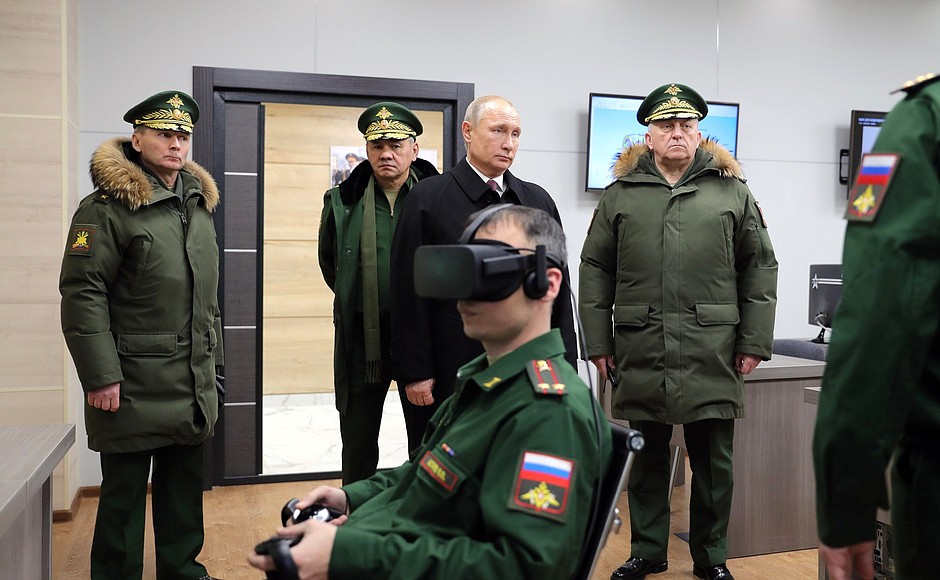 With Defence Minister Sergei Shoigu (left) and Commander of the Strategic Missile Forces Sergei Karakayev during a visit to the Peter the Great Military Academy of the Strategic Missile Forces.