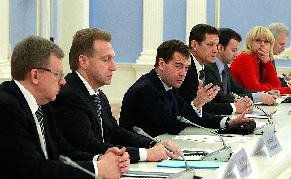 At a meeting on employment issues. From left to right: Deputy Prime Minister and Finance Minister Alexei Kudrin, First Deputy Prime Minister Igor Shuvalov, Dmitry Medvedev, Deputy Prime Minister Alexander Zhukov, Presidential Aide Arkady Dvorkovich, Healthcare and Social Development Minister Tatyana Golikova, Education and Science Minister Andrei Fursenko.